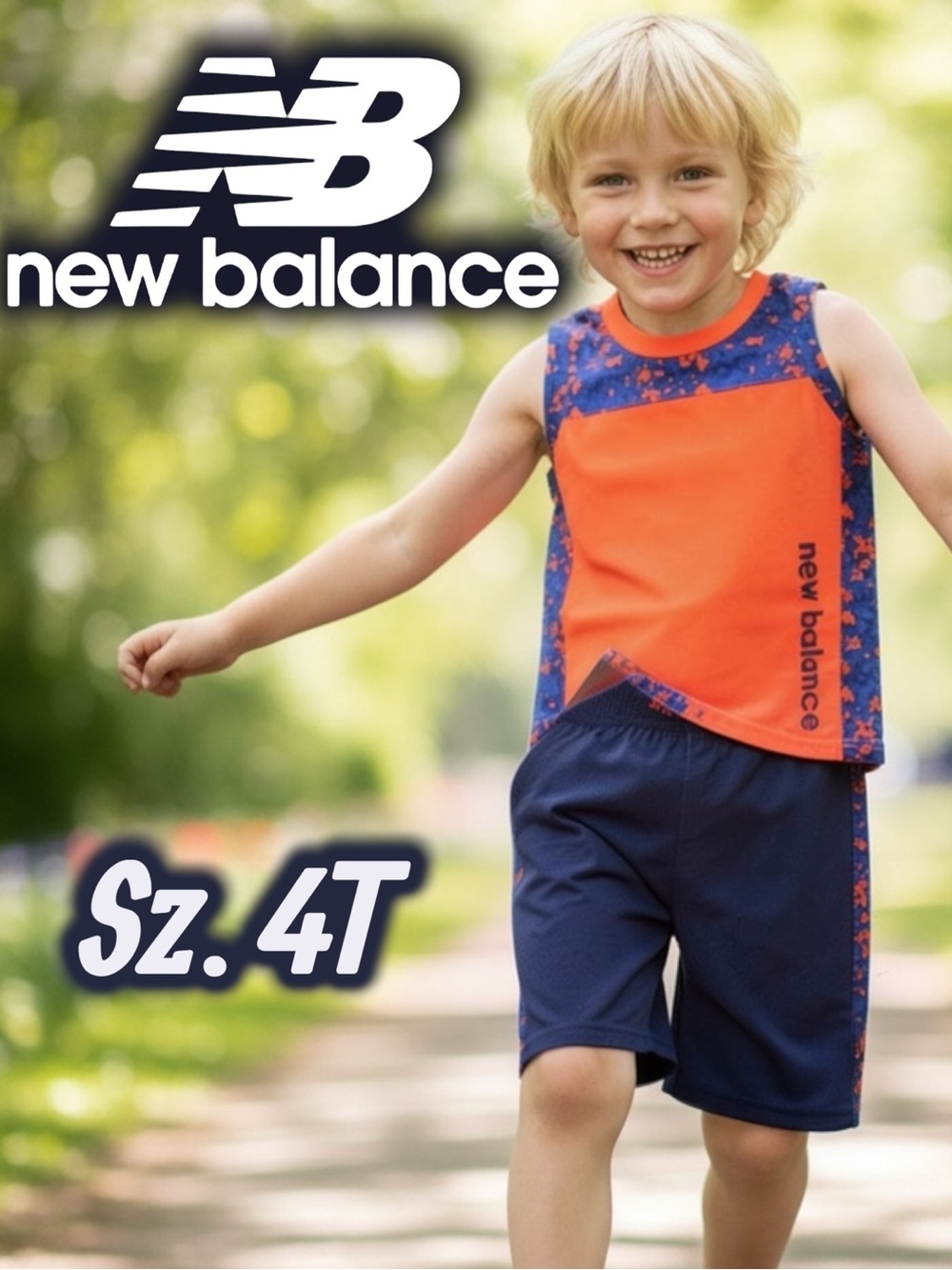 EUC New Balance Boys 2pc Tank & Shorts Set Orange & Blue Splatter Sz 4T